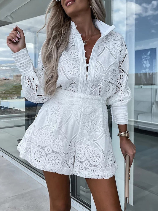 Two-Piece Crochet Romper Set | High Neck & Long Sleeve | Embroidered Lace Look