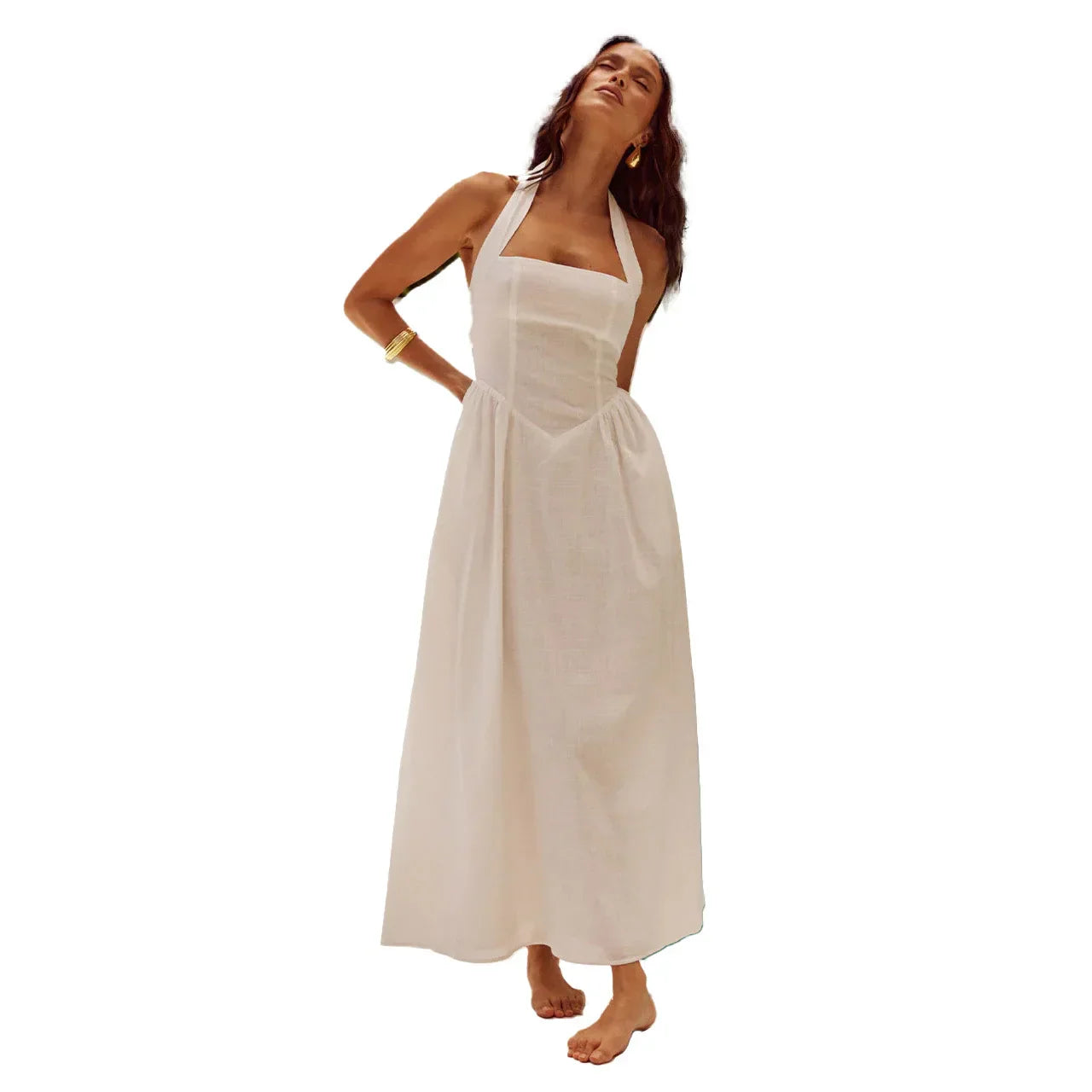 Halter Midi Sundress | Fitted Bodice with Pockets | Lightweight Summer Linen Blend