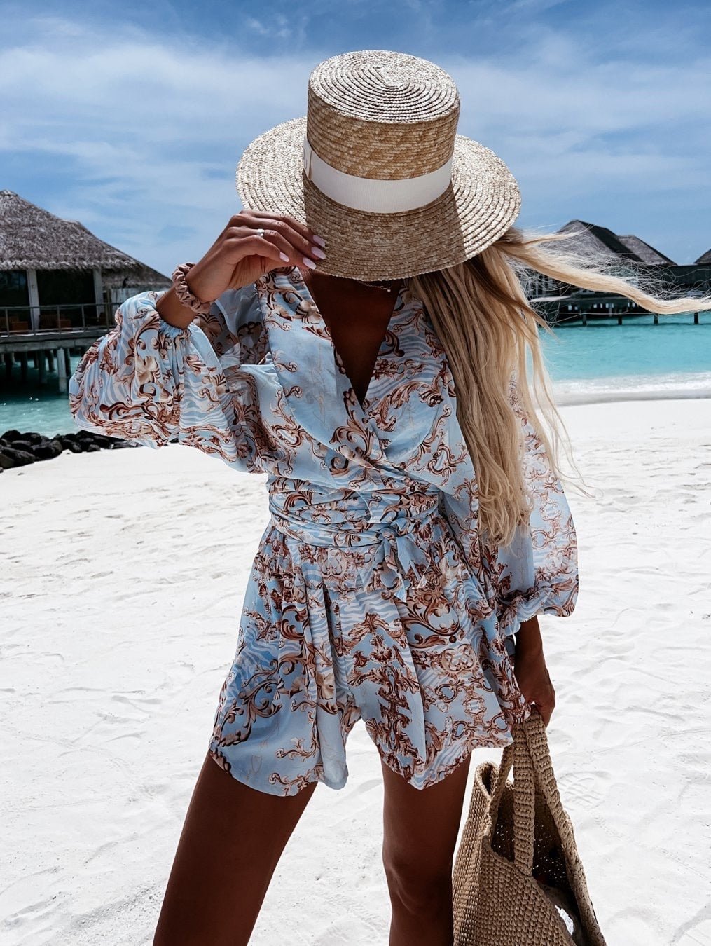 Tropical Print Romper | Wrap-Style Top | Elastic Waist Shorts