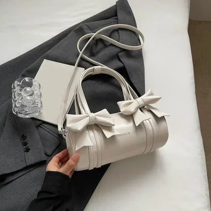 Barrel Shoulder Bag | Metallic PU Leather | Double Bow Detail