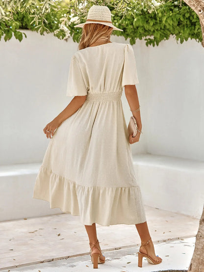 Flutter Sleeve Midi Dress | Ruched Waist & Ruffle Hem | Elegant Summer Dress