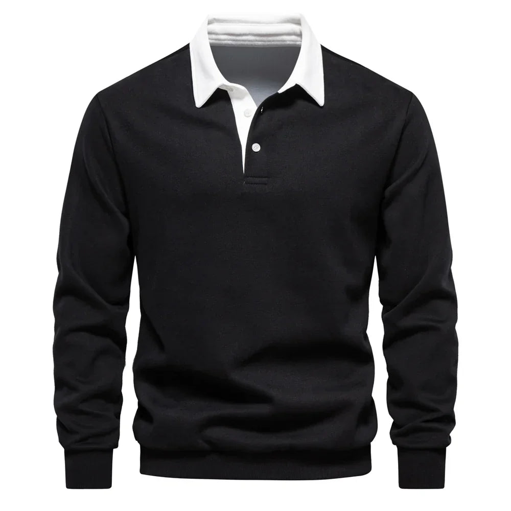 Men’s Long Sleeve Polo Sweatshirt | Ribbed Hem Rugby Style | Casual Smart-Collar Pullover
