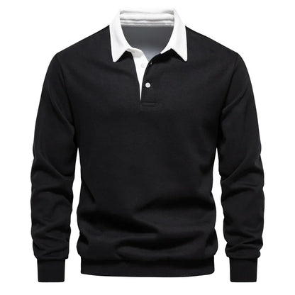 Men’s Long Sleeve Polo Sweatshirt | Ribbed Hem Rugby Style | Casual Smart-Collar Pullover