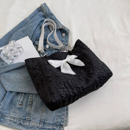 Large Bow Shoulder Tote Bag | Crinkle Texture Detail
