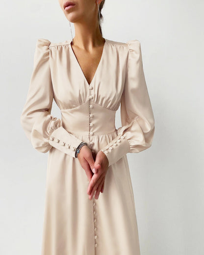 Women’s Long Sleeve Midi Dress | Puff Shoulder Button-Front Design | Elegant Evening Fit