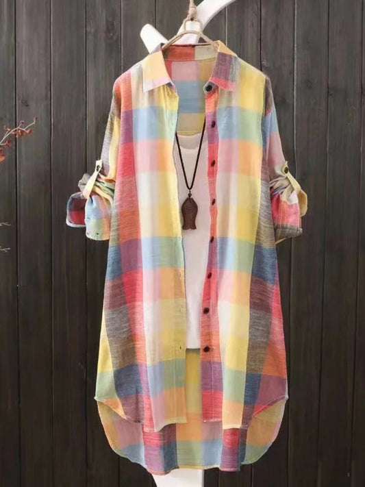 Oversized Plaid Shirt Dress | Roll-Tab Sleeves & Hi-Low Hem | Lightweight Cotton Blend