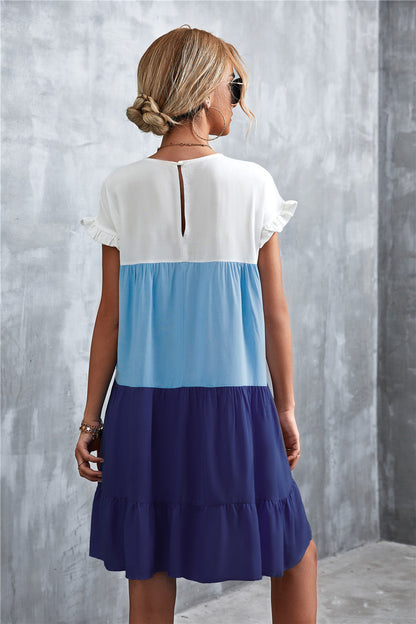 Tiered Colourblock Mini Dress | Ruffled Cap Sleeves | Lightweight Summer Style