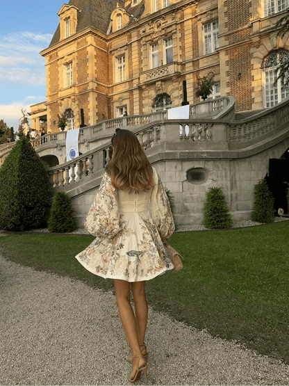 Floral Chiffon Mini Dress | Plunging V-Neck | Bell Sleeves | Elegant Day-to-Evening Wear