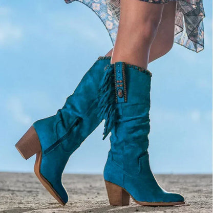 Boho Western Fringe Boots | Embellished Tall Shaft | Mid Block Heel Festival Style