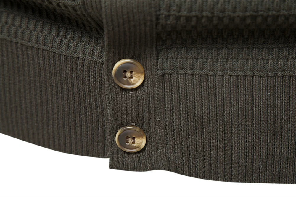 Waffle Knit Button Cardigan | Stand Collar with Chest Pocket Detail
