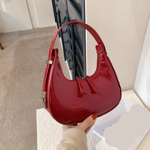 Patent Crescent Bag | Glossy PU Finish & Sculpted Handle | Statement Mini Shoulder Bag