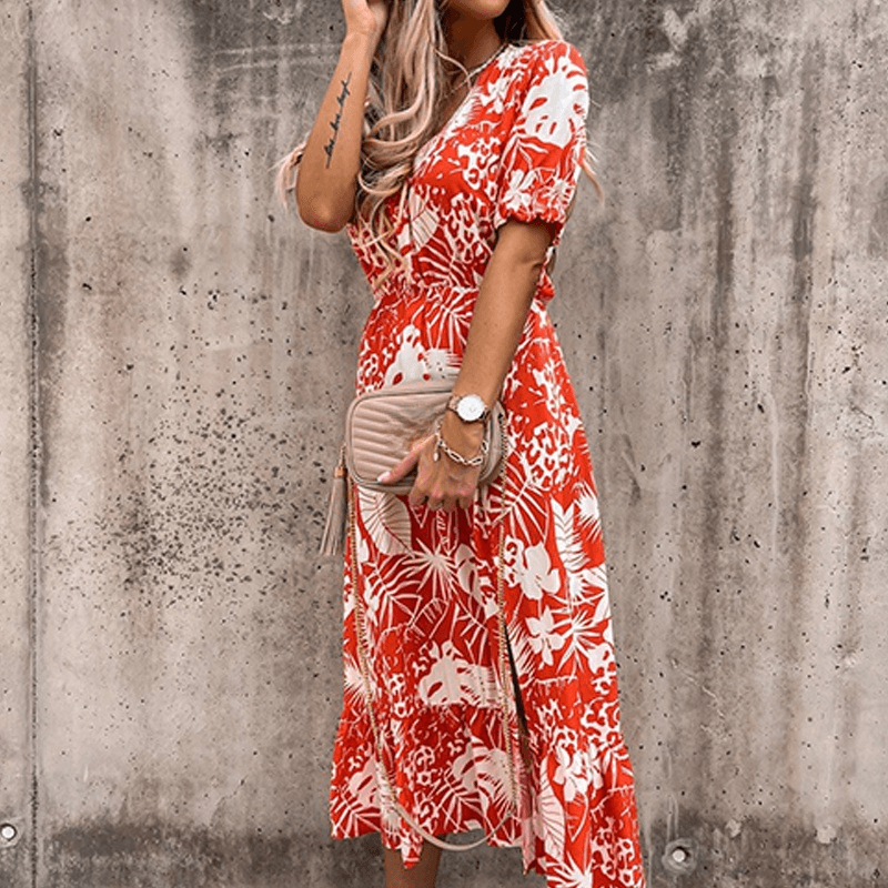 Tropical Print Midi Dress | Puff Sleeve Wrap Style | Lightweight Summer Look