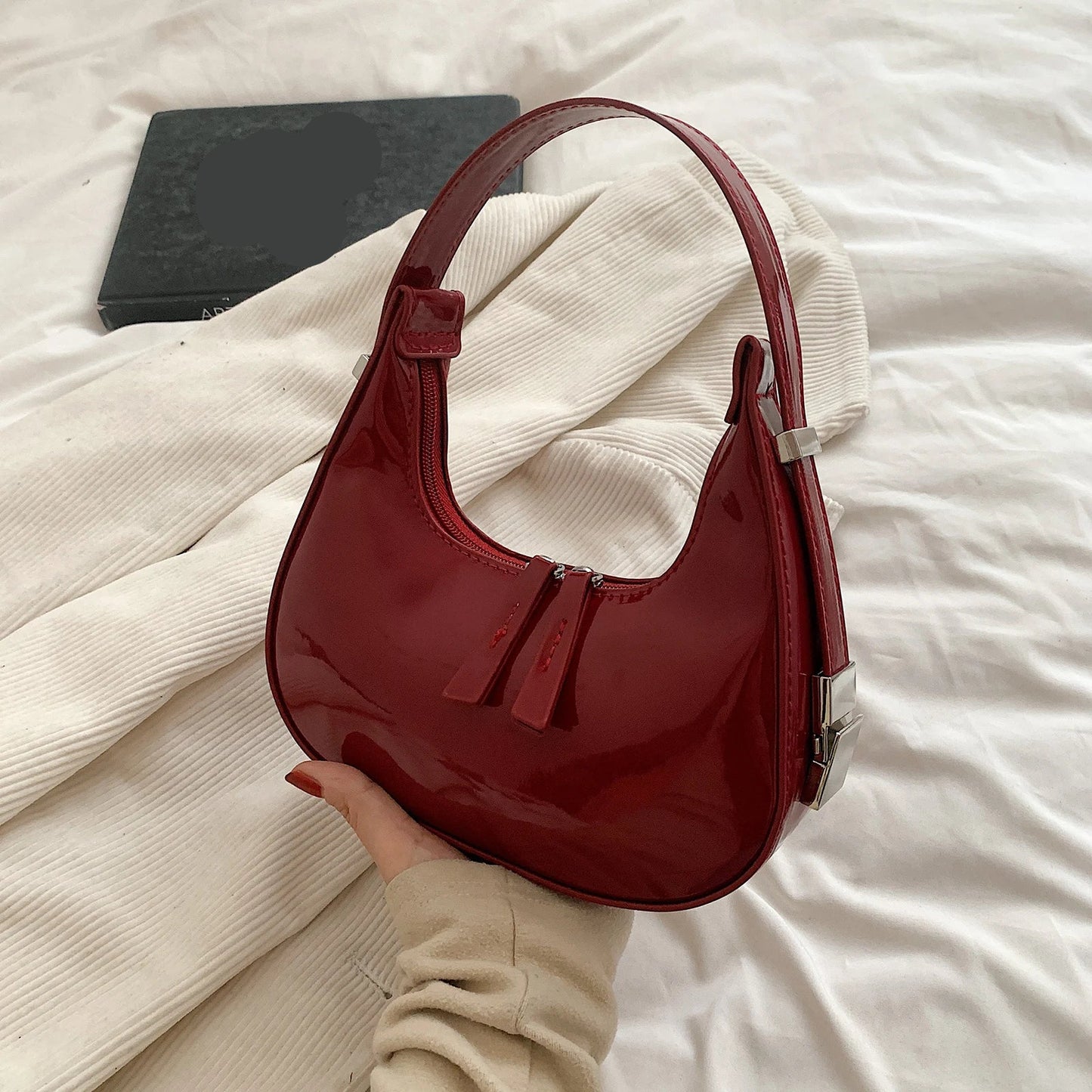 Patent Crescent Bag | Glossy PU Finish & Sculpted Handle | Statement Mini Shoulder Bag
