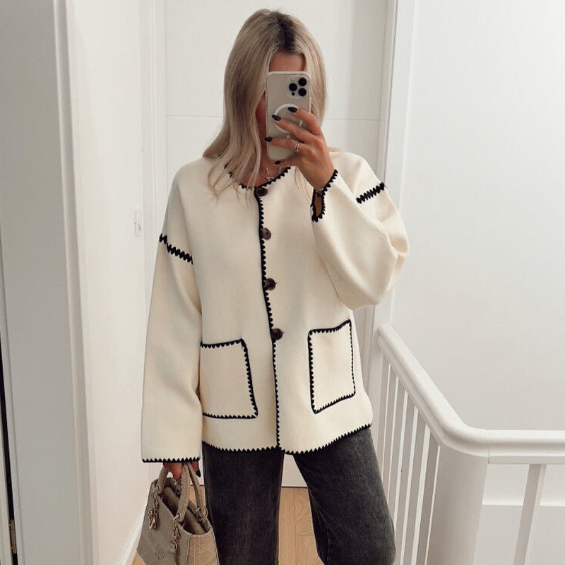 Contrast-Trim Knit Cardigan | Elegant Button-Front | Minimalist Chic | Black & White