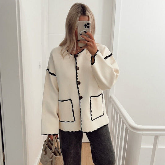 Contrast-Trim Knit Cardigan | Elegant Button-Front | Minimalist Chic | Black & White