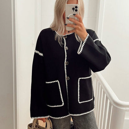 Contrast-Trim Knit Cardigan | Elegant Button-Front | Minimalist Chic | Black & White