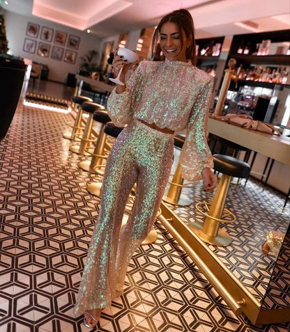 Sequin Two-Piece Set | Glamorous Crop Top & Wide-Leg Pants | Perfect for Parties or Special Events