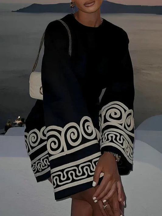 Embroidered Knit Dress | Long Sleeves | Statement Cuffs | Casual Luxe Aesthetic