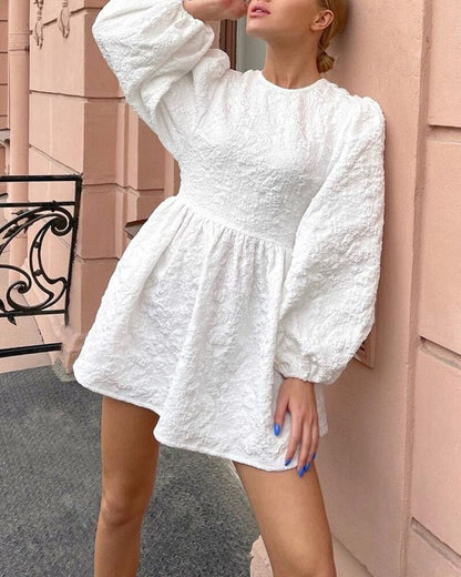 Elegant Textured Mini Dress | Balloon Sleeves & Open Back | Feminine Style
