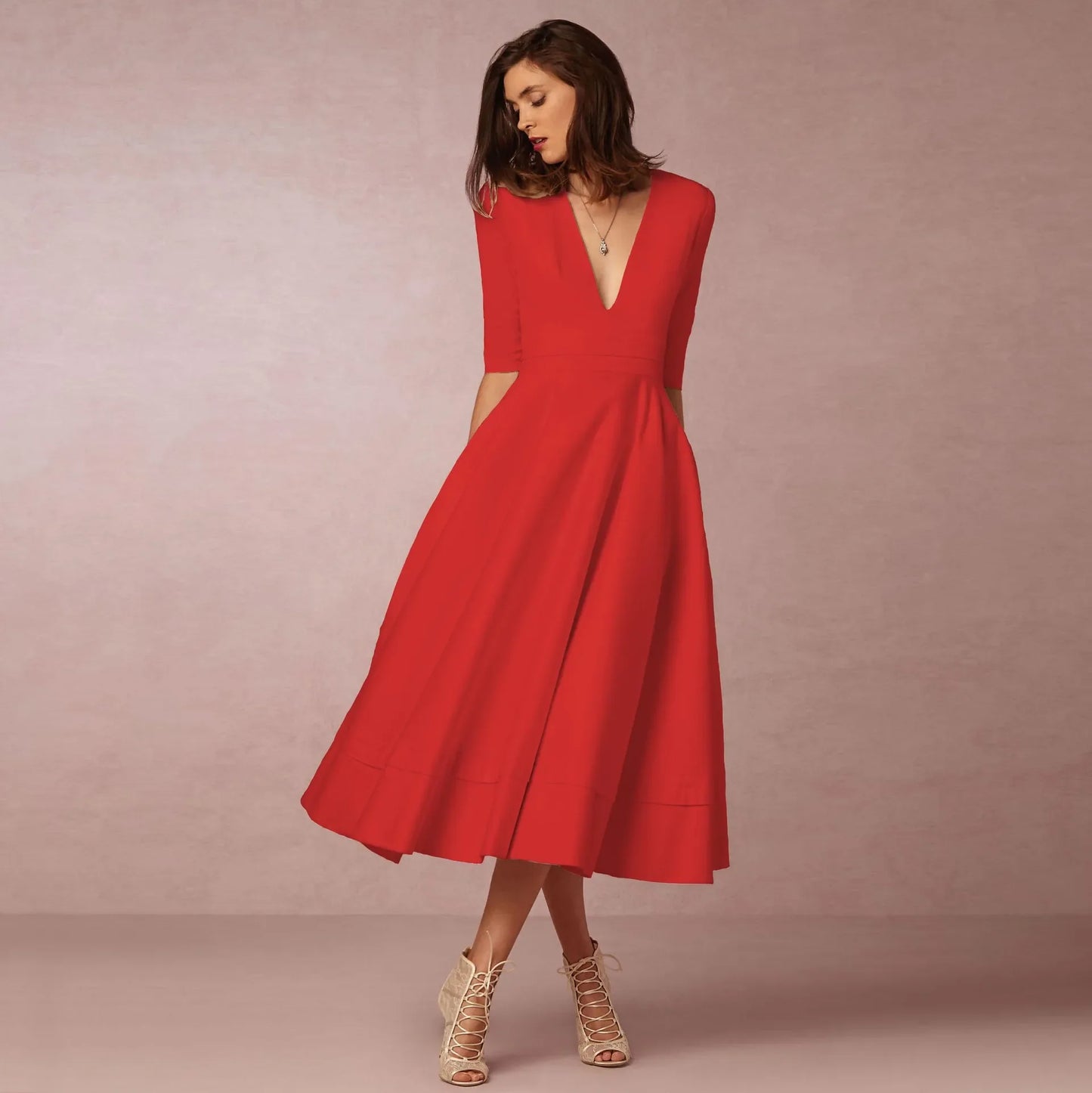 V-Neck A-Line Midi Dress | Elbow Sleeve | Elegant Fit-and-Flare