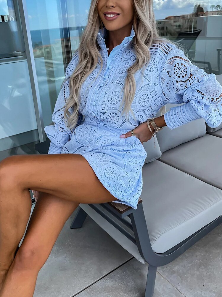 Two-Piece Crochet Romper Set | High Neck & Long Sleeve | Embroidered Lace Look