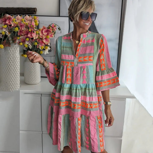 Boho Embroidered Tunic Dress | Relaxed Tiered Fit | Vibrant Geometric Motif