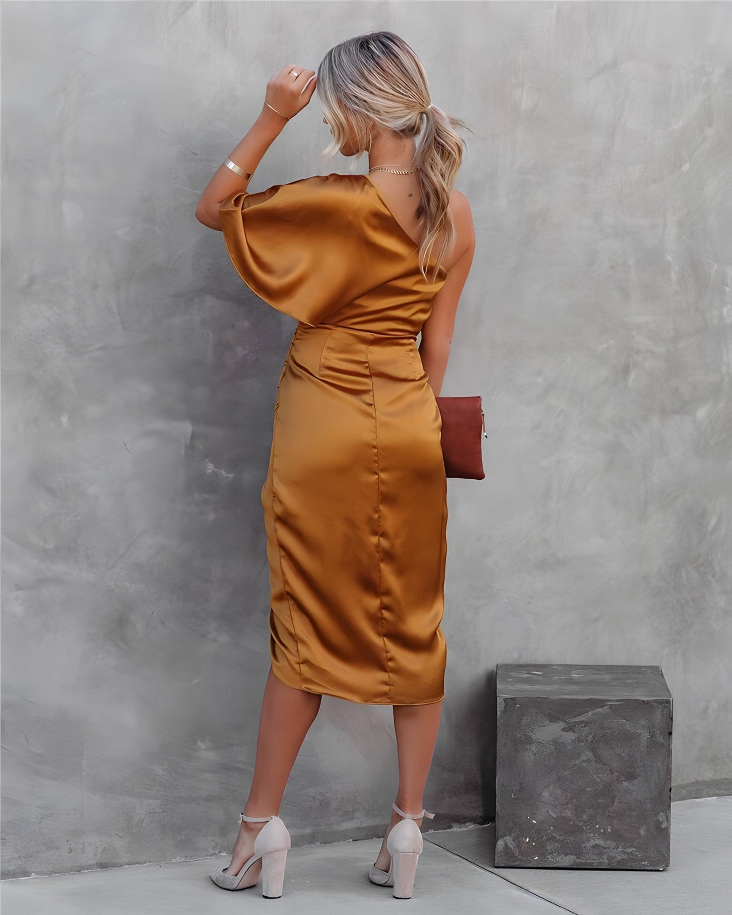 One-Shoulder Satin Midi Dress | Draped Fit | Evening Cocktail Look