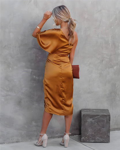 One-Shoulder Satin Midi Dress | Draped Fit | Evening Cocktail Look