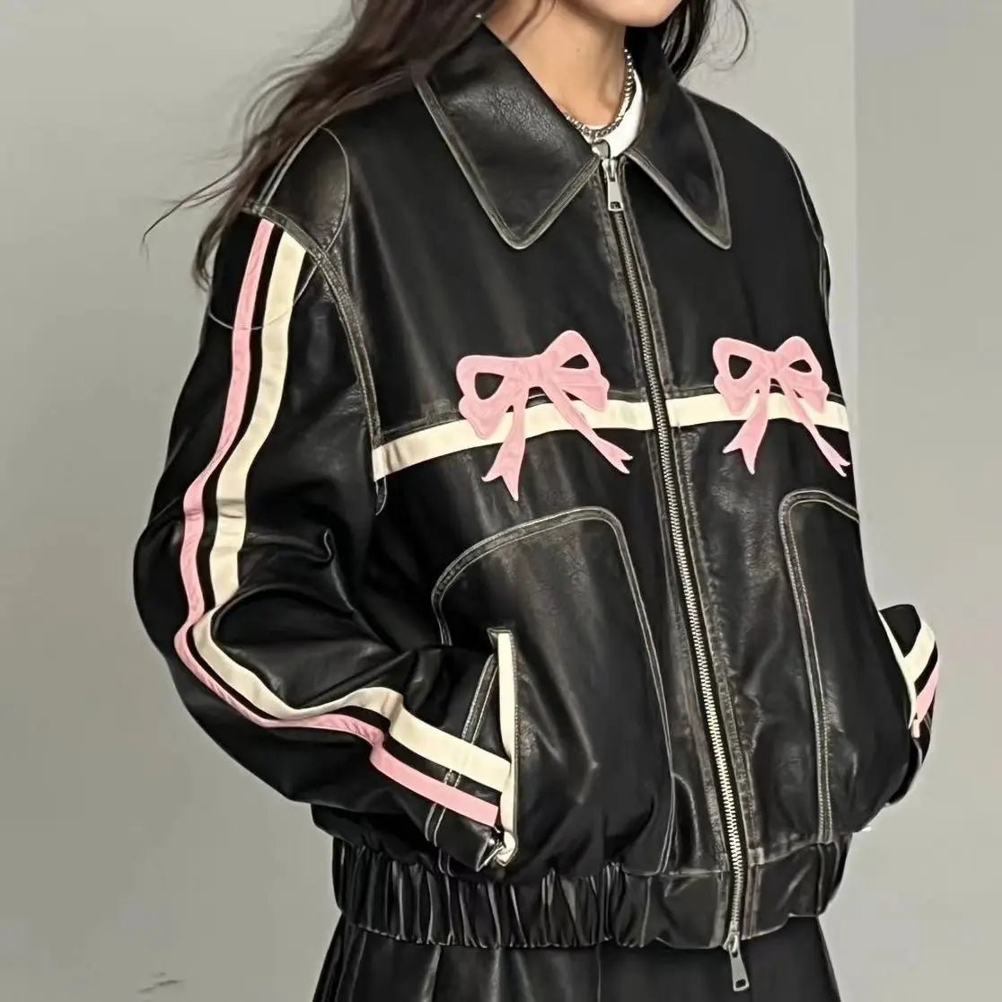 Faux Leather Bomber Jacket | Pink Bow Accents | Edgy Streetwear | Trendy Outerwear