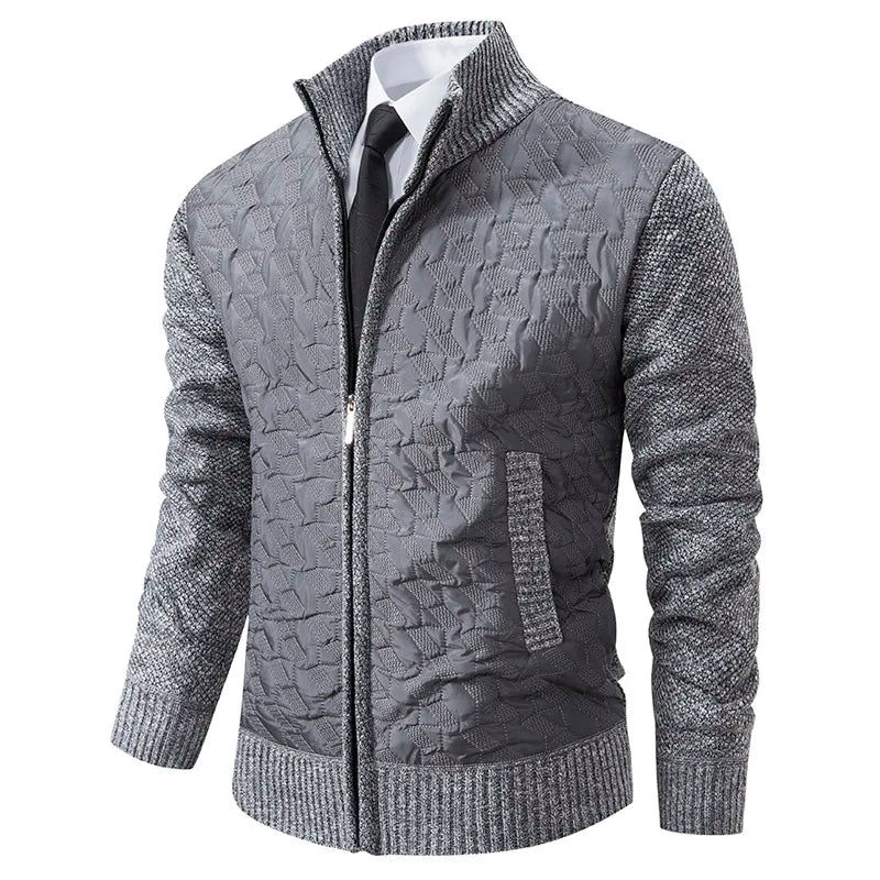 Textured Zip-Up Sweater Jacket | Quilted Front with Knit Sleeves