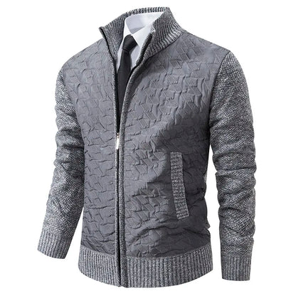 Textured Zip-Up Sweater Jacket | Quilted Front with Knit Sleeves