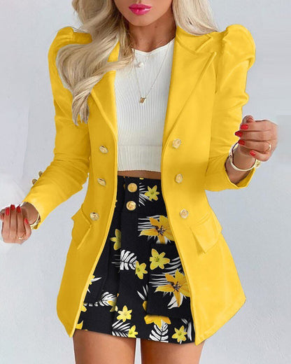 Women's Blazer and Skirt Set | Tailored Fit with Houndstooth Check | Button-Front Mini Skirt and Padded Shoulder Blazer
