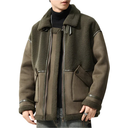 Men’s Oversized Sherpa Jacket | Faux Leather Trim | Full-Zip Cold Weather Coat