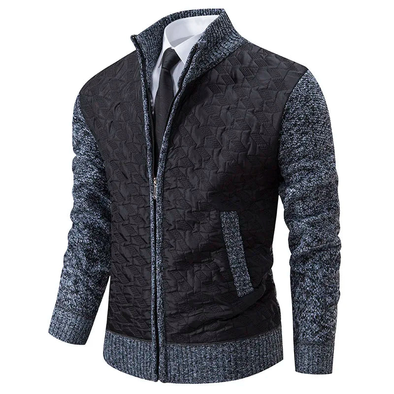 Textured Zip-Up Sweater Jacket | Quilted Front with Knit Sleeves