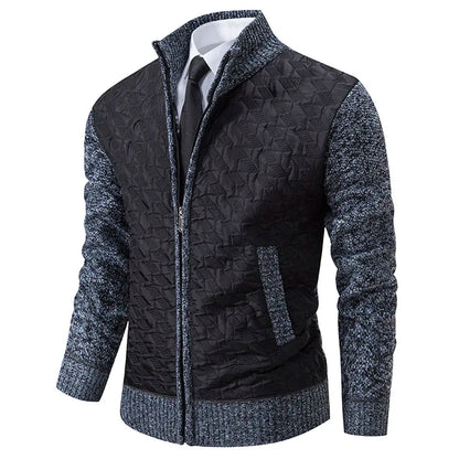 Textured Zip-Up Sweater Jacket | Quilted Front with Knit Sleeves