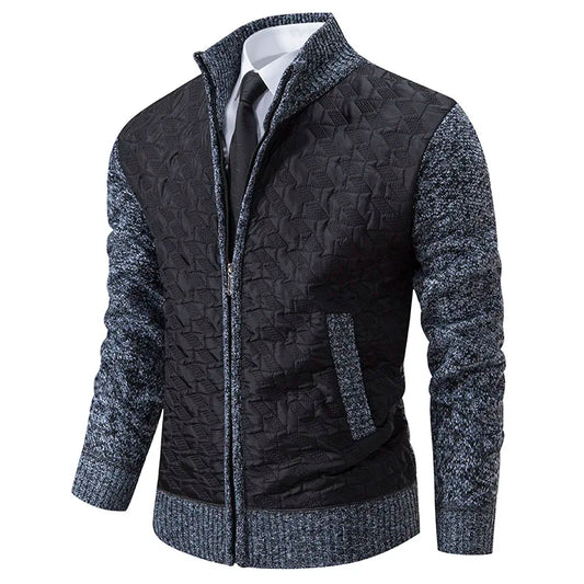 Textured Zip-Up Sweater Jacket | Quilted Front with Knit Sleeves