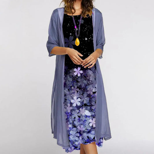 2-Piece Midi Dress Set | Sleeveless Leaf Print Dress with Sheer Drape Overlay