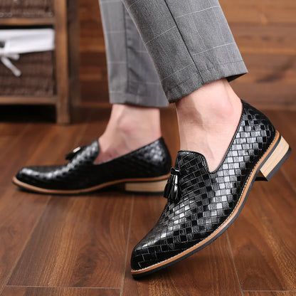 Men’s Woven Gloss Loafers | Slip-On Dress Shoes | Faux Leather Upper