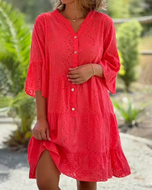 Eyelet Tiered Dress | Button-Front Detail | Loose Flowy Silhouette