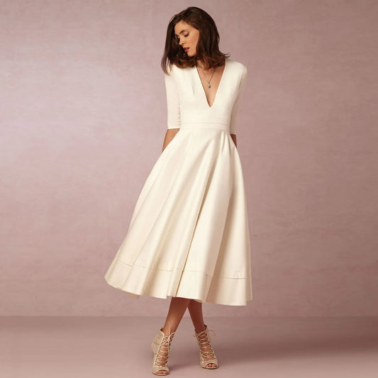 V-Neck A-Line Midi Dress | Elbow Sleeve | Elegant Fit-and-Flare