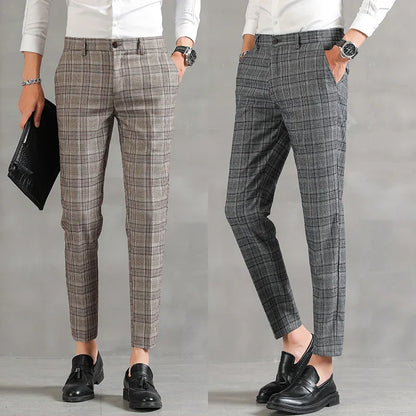 Plaid Slim Fit Dress Pants | Cropped Length with Stretch Waist