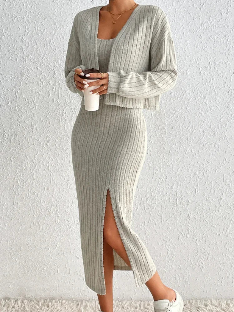 Chic 2-Piece Ribbed Knit Set | Crop Cardigan & Midi Skirt | Cozy Minimalist Style