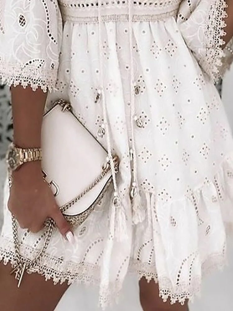 Lace Embroidered Mini Dress | Boho Style | Lightweight Cotton Blend | Romantic Occasion Wear