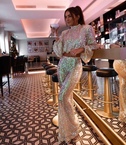 Sequin Two-Piece Set | Glamorous Crop Top & Wide-Leg Pants | Perfect for Parties or Special Events