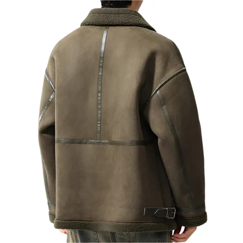 Men’s Oversized Sherpa Jacket | Faux Leather Trim | Full-Zip Cold Weather Coat