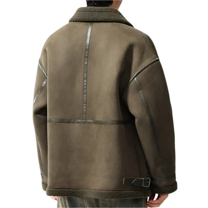 Men’s Oversized Sherpa Jacket | Faux Leather Trim | Full-Zip Cold Weather Coat