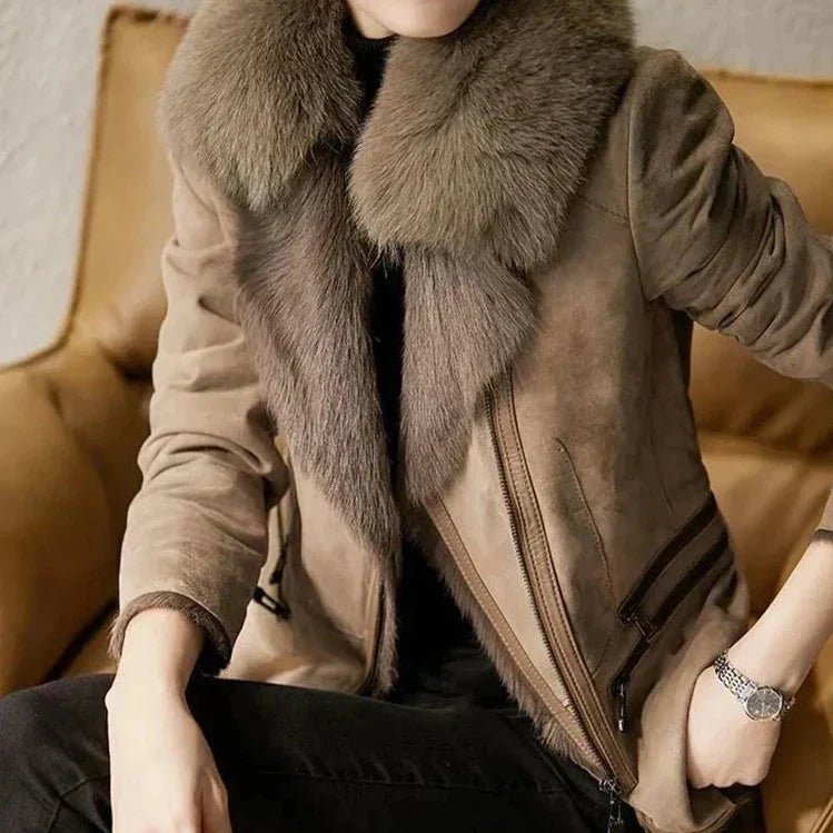 Luxe Faux Fur Collar Jacket | Suede Finish | Elegant Winter Style | Warm Insulated Layer