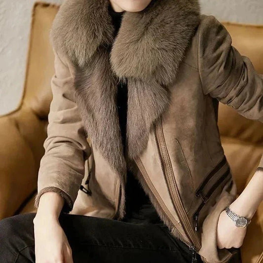 Luxe Faux Fur Collar Jacket | Suede Finish | Elegant Winter Style | Warm Insulated Layer