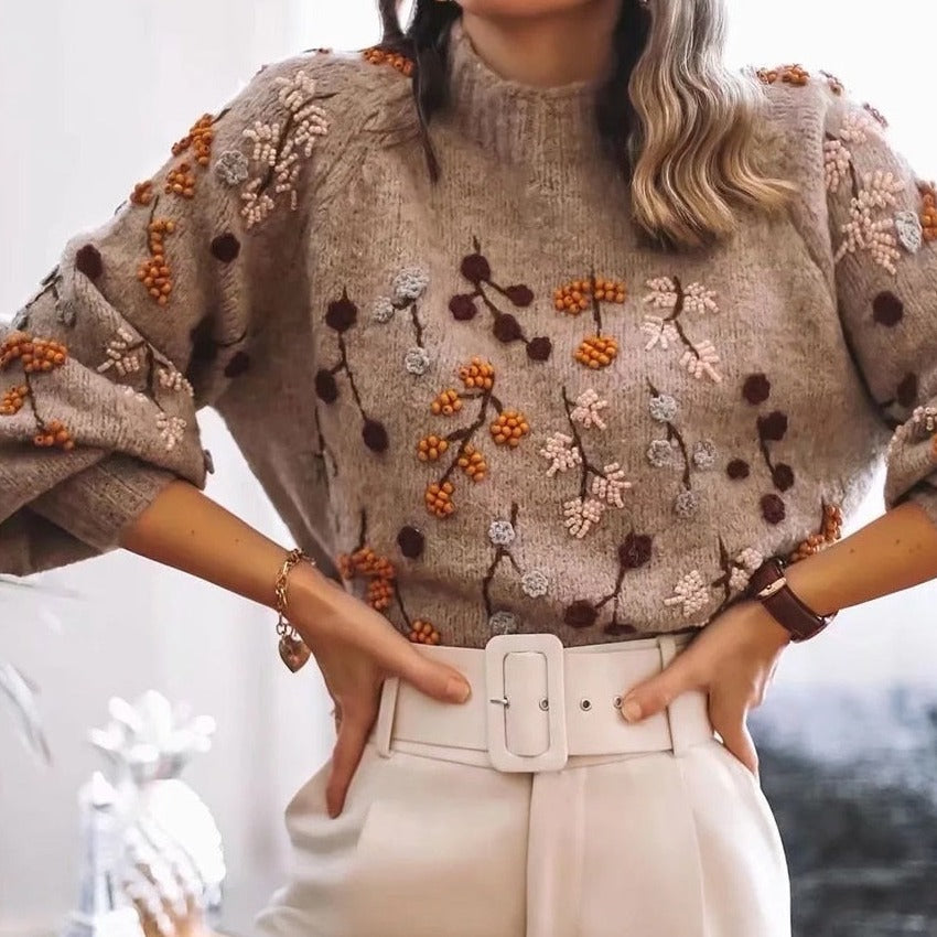 Women's Embroidered Knit Sweater | Balloon Sleeves | Cozy Fall Winter Pullover