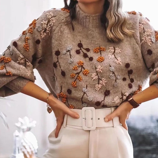Women's Embroidered Knit Sweater | Balloon Sleeves | Cozy Fall Winter Pullover